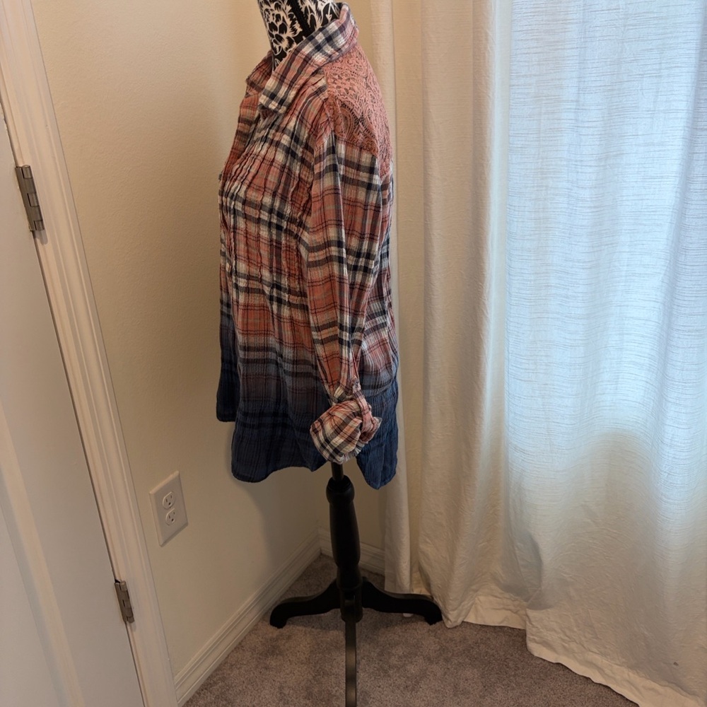 Plaid Button-Up Shirt - Red and Blue With a Lace Shoulder Inset! - Picture 4 of 7
